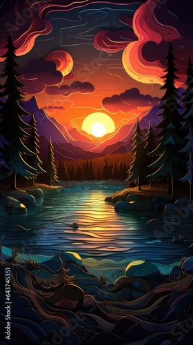 Flowing River at Sunset Paper Cut Phone Wallpaper Background Illustration
