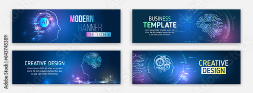 Technology, science, engineering, artificial intelligence. High-tech computers concept, machine cyber mind. Futuristic banner template set. Modern hi-tech design for websites and social networks.