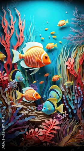Underwater Tropic Fish Paper Cut Phone Wallpaper Background Illustration © DigitalFury