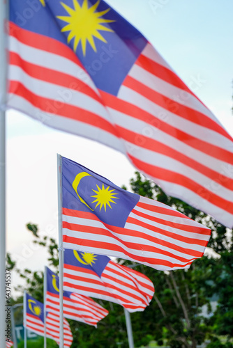 The Malaysia flag is also known as the Jalur Gemilang waves. Independence Day or Merdeka Day celebration on 31 August and Hari Malaysia on 16 September, copy space concept.