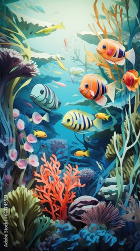 Underwater Tropic Fish Paper Cut Phone Wallpaper Background Illustration