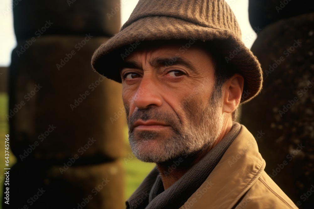 Photography in the style of pensive portraiture of a happy mature man wearing a stylish beret at the moai statues of easter island chile. With generative AI technology Photography in the style of pensive portraiture of a happy mature man wearing a stylish beret at the moai statues of easter island chile. With generative AI technology