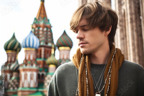 Photography in the style of pensive portraiture of a content boy in his 30s wearing a chic pearl necklace in front of the saint basils cathedral in moscow russia. With generative AI technology photo