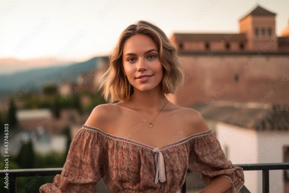 Medium shot portrait photography of a jovial girl in his 30s wearing a trendy off-shoulder blouse at the alhambra in granada spain. With generative AI technology