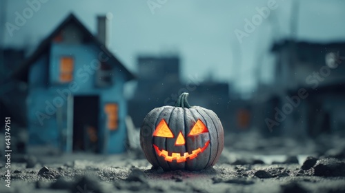 Halloween jack-o-lantern carved pumpkin head to frighten people, abandoned haunted houses in silent village, scary night, evil creepy face, candle lit illuminated - generative AI