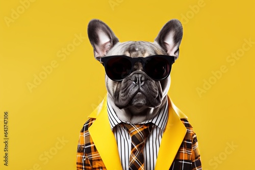 Picture a pug, styled with sunglasses and a coat, set against a captivating yellow gradient background