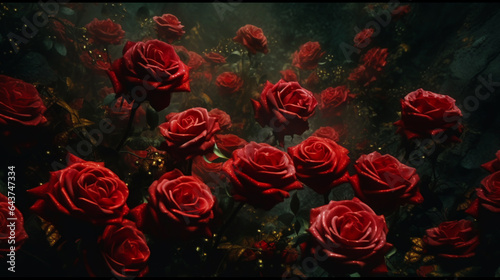 AI-Generated Red Halloween Gothic roses behind a veil of steamy glass. Crimson roses caressed by misty breath  glistening petals on steam-kissed glass. Sad emotional  goth post-card for the Halloween