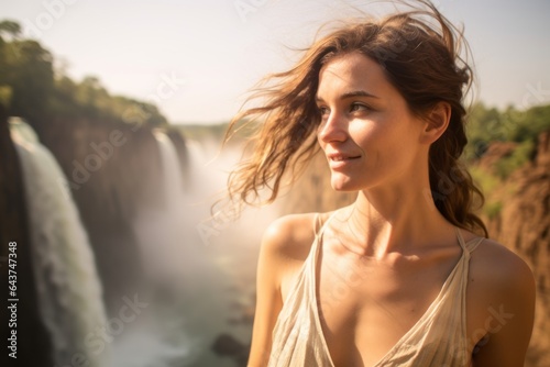 Medium shot portrait photography of a blissful girl in his 30s wearing a trendy off-shoulder blouse at the victoria falls in livingstone zambia. With generative AI technology