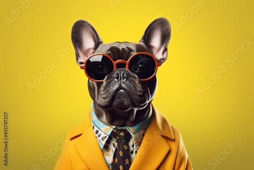 An illustration featuring a pug donning Sunglasses and a coat against a vibrant yellow gradient backdrop