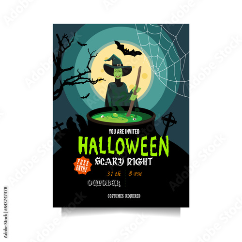 Halloween party invitation with a witch stirring a poition in cauldron in full moon