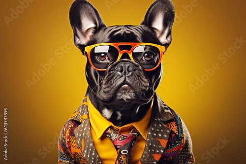 Illustration of a pug with goggles wearing coat on a nice yellow gradient background.