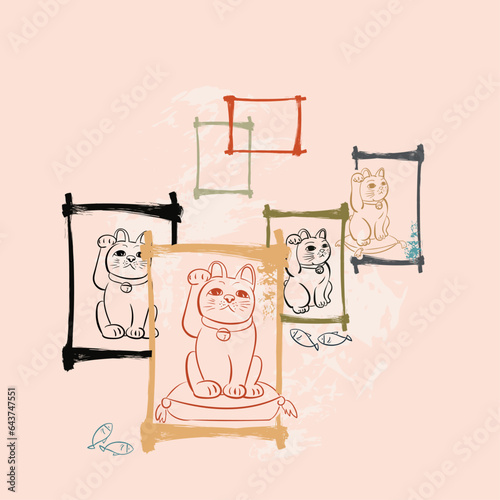 neko cat japanese chinese traditional vector illustration card background colorful watercolor ink textured