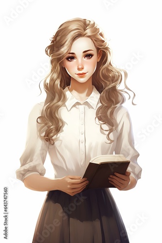 Illustration of a student girl holding a book on white background, love to read.