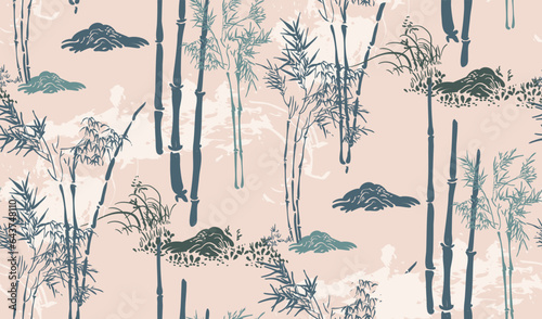 bamboo forest pastel japanese chinese traditional vector illustration card background seamless pattern colorful watercolor ink textured