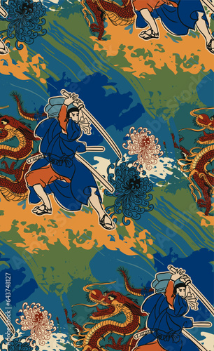 samurai katana warrior japanese chinese traditional vector illustration card background seamless pattern colorful watercolor ink textured © CharlieNati