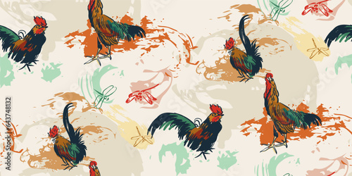 chicken cock rooster bird countryside japanese chinese traditional vector illustration card background seamless pattern colorful watercolor ink textured