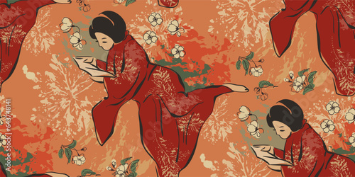 kimono girl reading red japanese chinese traditional vector illustration card background seamless pattern colorful watercolor ink textured