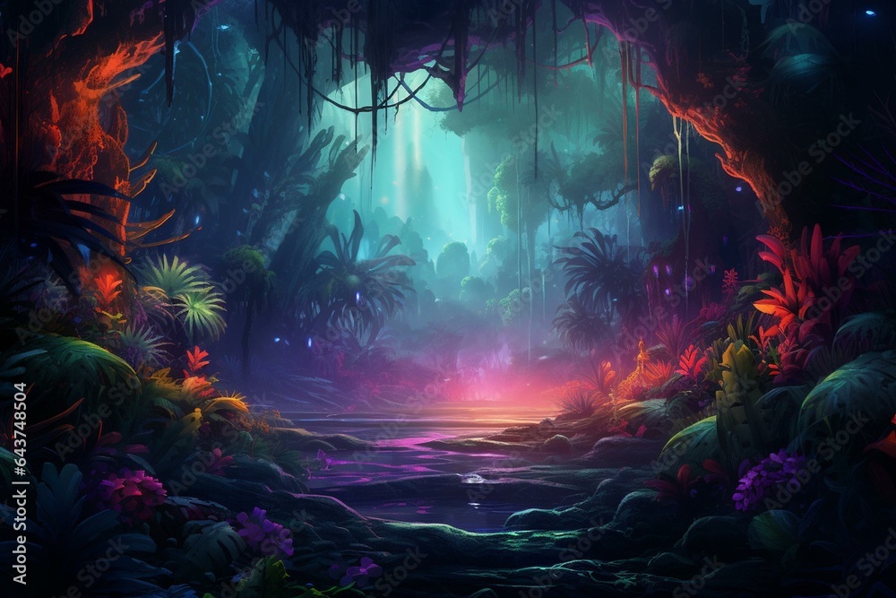 Illustration of an enigmatic jungle in vibrant neon light surrounded by thick mist. Generative AI