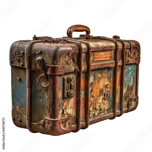 Rusted vintage 200 year old suitcase isolated on transparent background. Concept of history and heritage.