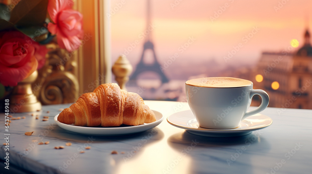 croissant cup of coffee and rose paris croissant cup of coffee and rose paris