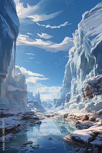 Frozen nature, ice cap glacier in the mountains. Mystic Valley winter epic landscape of mountains. Ice Mountain Fountain, 3D illustration, and digital paint.