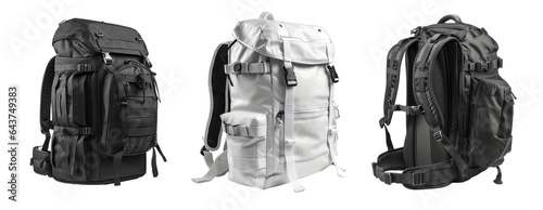 Set of three hiking backpack isolated on transparent background. Concept of travel, outdoor and trip.