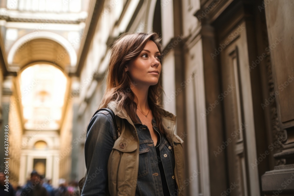 Lifestyle portrait photography of a tender girl in her 30s wearing a rugged jean vest at the uffizi gallery in florence italy. With generative AI technology
