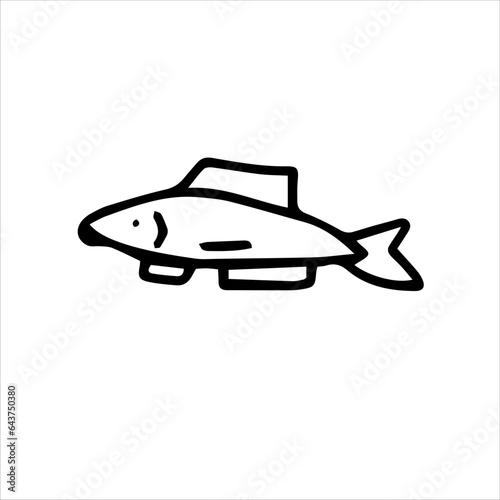 Fish silhouette. Vector isolated hand-drawn illustration. Black and white doodles.