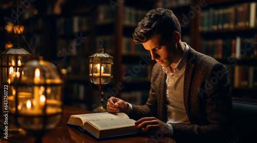young man reading a book in a library