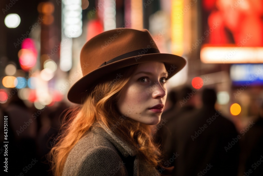 Photography in the style of pensive portraiture of a glad girl in her 30s wearing a classic fedora at the times square in new york usa. With generative AI technology Photography in the style of pensive portraiture of a glad girl in her 30s wearing a classic fedora at the times square in new york usa. With generative AI technology