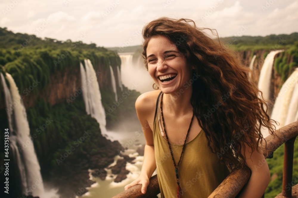 Photography in the style of pensive portraiture of a joyful mature woman wearing a cute crop top at the iguazu falls argentina-brazil border. With generative AI technology