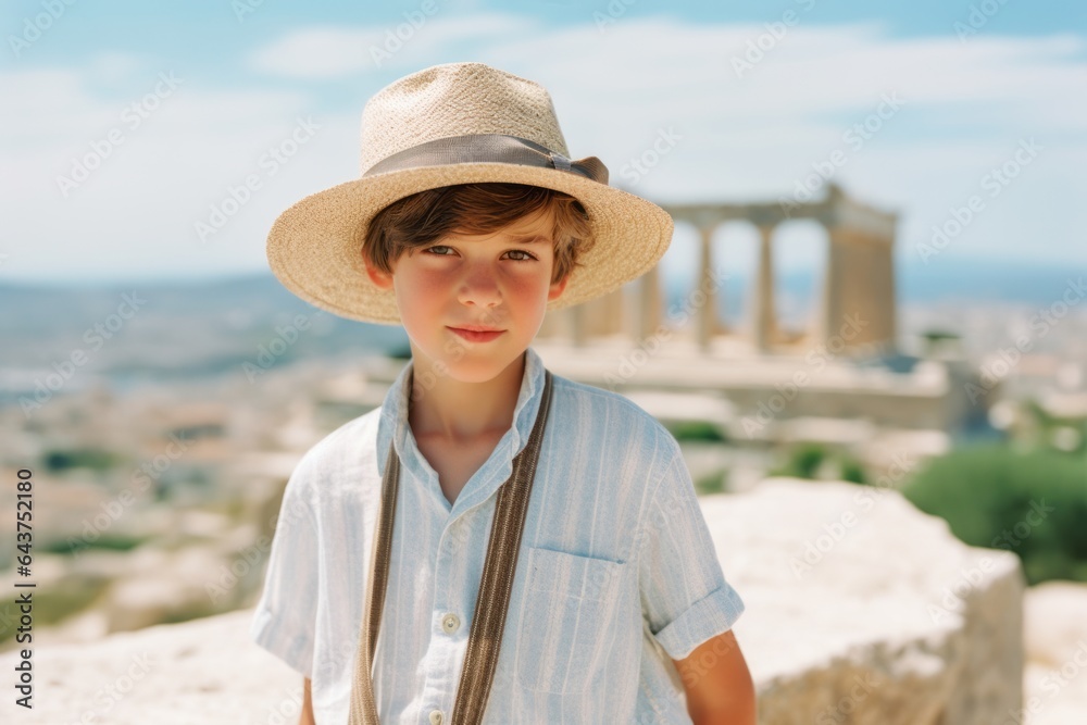 Photography in the style of pensive portraiture of a grinning boy in his 30s wearing a whimsical sunhat at the acropolis in athens greece. With generative AI technology
