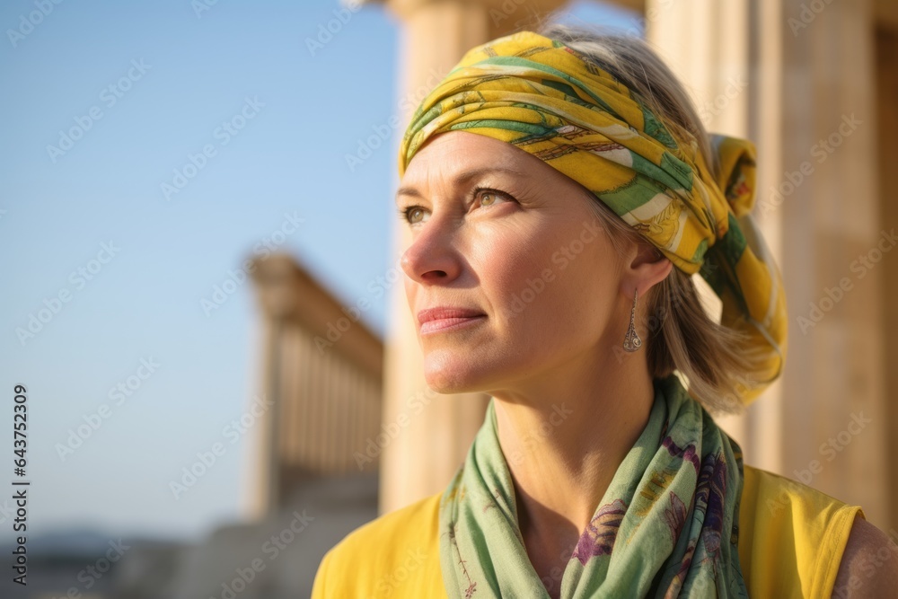 Obraz na płótnie Photography in the style of pensive portraiture of a blissful mature woman wearing a colorful bandana at the acropolis in athens greece. With generative AI technology w salonie