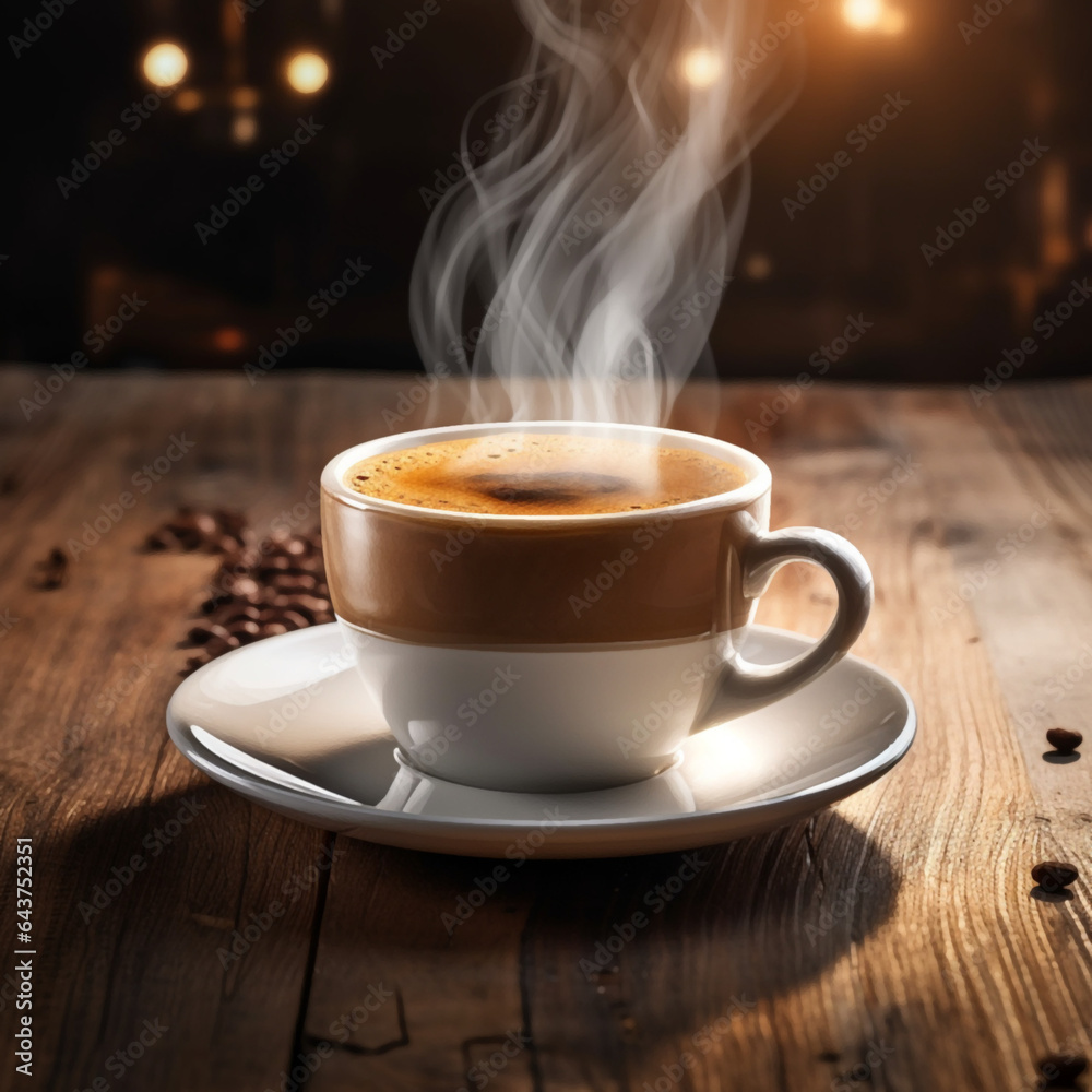 1-illustration of a steaming espresso shot in a ceramic cup on a rustic wooden table, opti_optimized