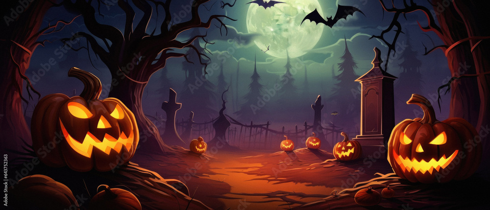 Fototapeta premium Happy Halloween background spooky scene, creepy dark night with moon, pumpkins and spooky trees on graveyard ghosts horror gothic evil cemetery landscape. Mysterious night moonlight backdrop.