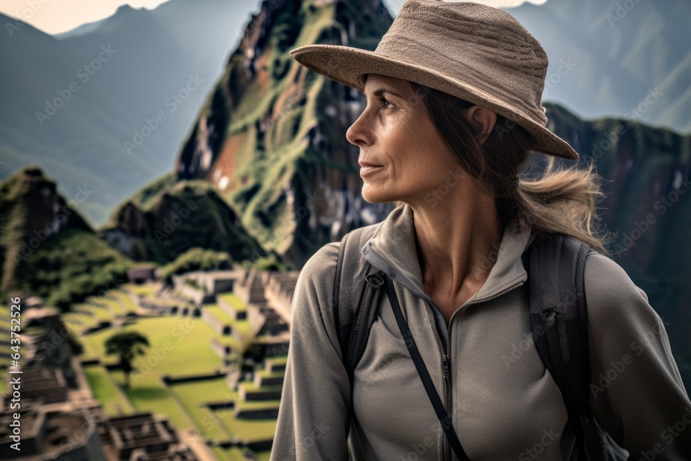 Lifestyle portrait photography of a content mature woman wearing a cool snapback hat at the machu picchu in cusco region peru. With generative AI technology
