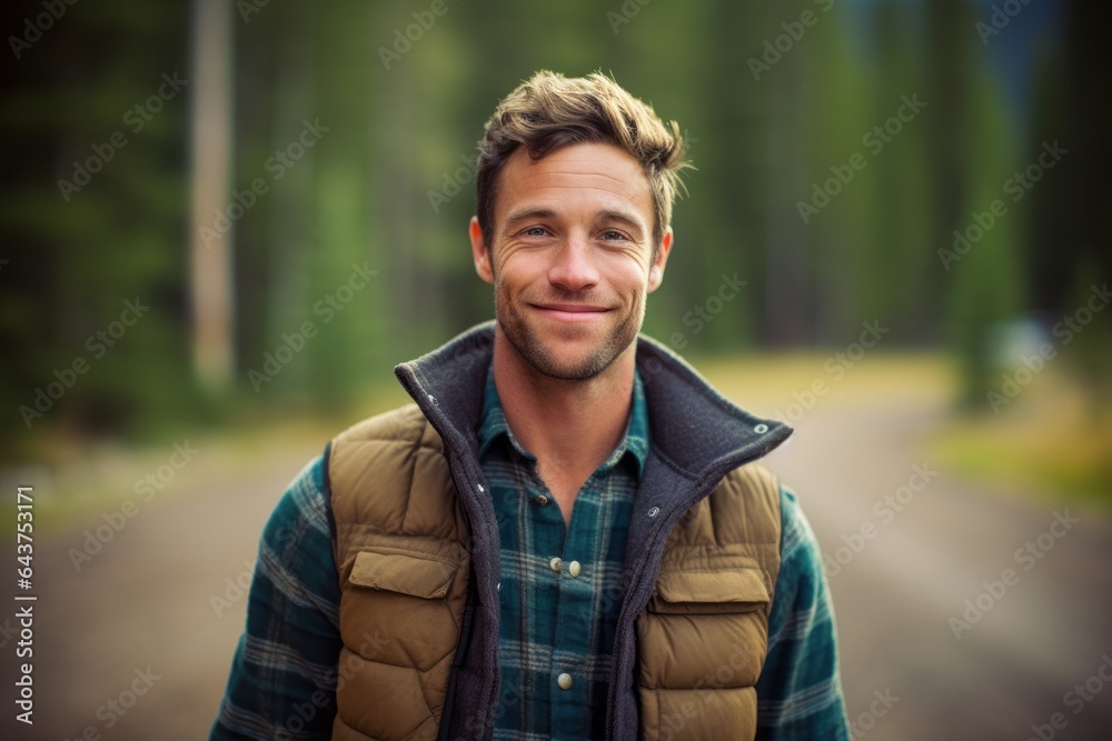 Headshot portrait photography of a blissful boy in his 30s wearing a rugged jean vest at the banff national park in alberta canada. With generative AI technology Headshot portrait photography of a blissful boy in his 30s wearing a rugged jean vest at the banff national park in alberta canada. With generative AI technology