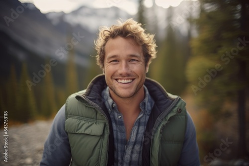 Headshot portrait photography of a blissful boy in his 30s wearing a rugged jean vest at the banff national park in alberta canada. With generative AI technology