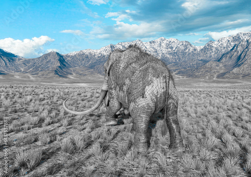 mammoth is walking in plains and mountains rear view