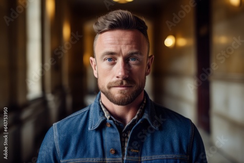Photo Headshot portrait photography of a tender boy in his 30s wearing a versatile denim shirt at the buckingham palace in london england