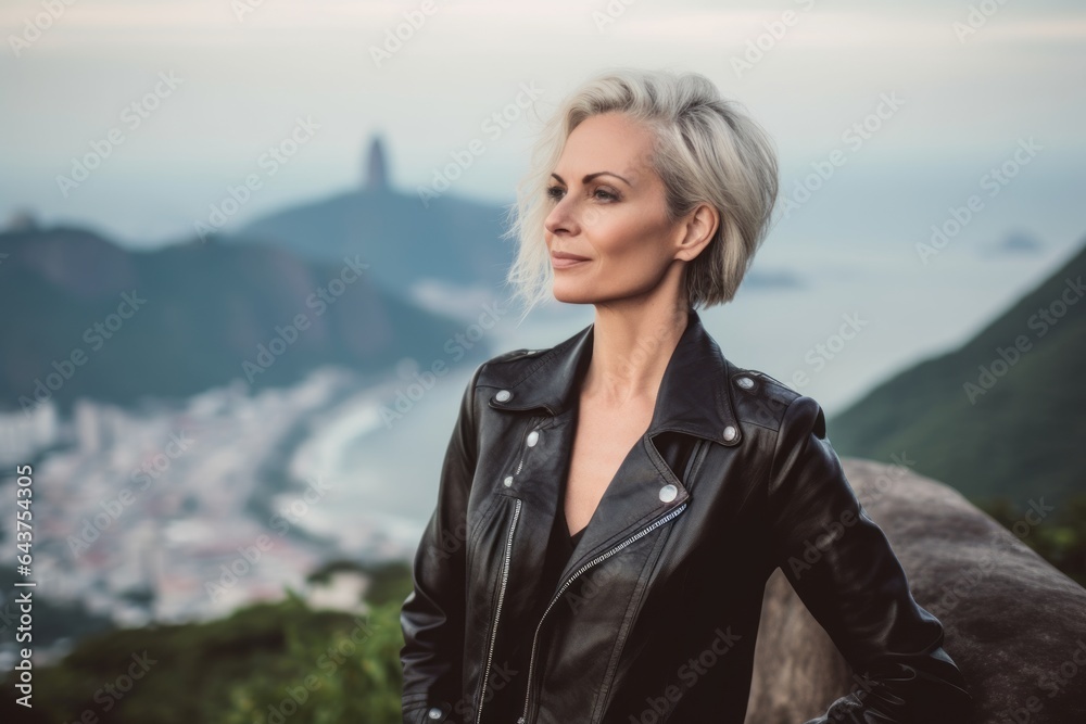 Medium shot portrait photography of a blissful mature woman wearing a stylish leather blazer at the christ the redeemer in rio de janeiro brazil. With generative AI technology