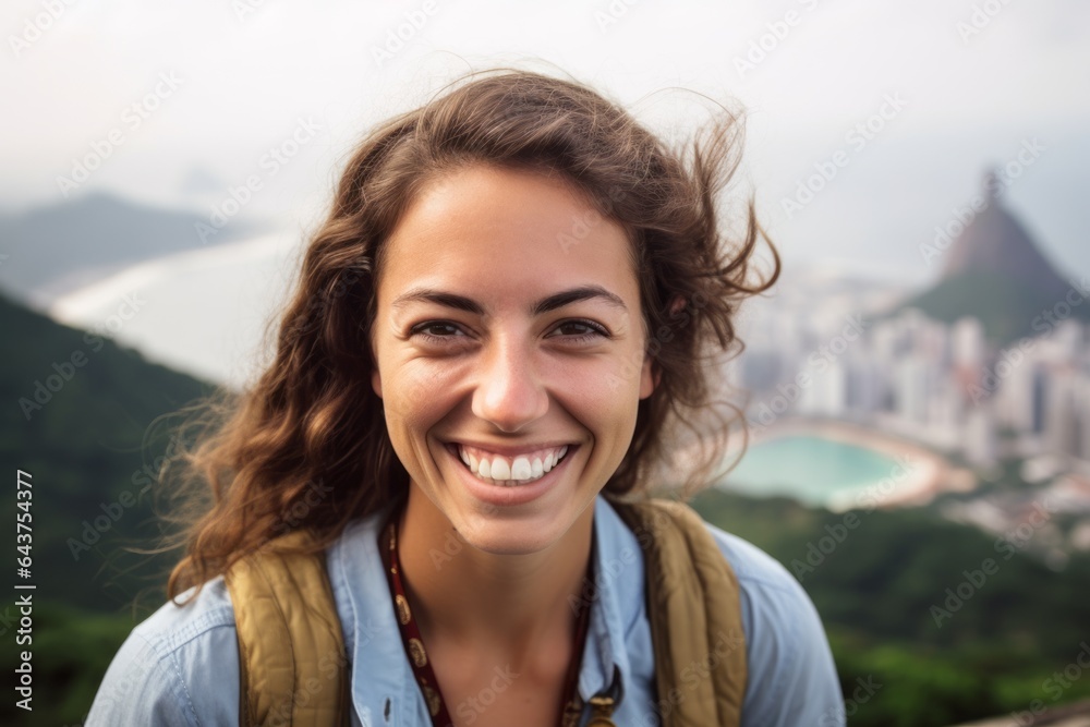 Studio portrait photography of a cheerful girl in his 30s wearing a sparkling brooch at the christ the redeemer in rio de janeiro brazil. With generative AI technology