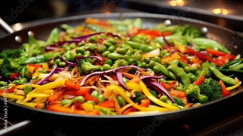A griddle covered in a rainbow of colorful vegetables, sizzling and ready for a stir-fry.