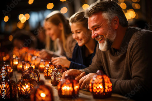 Shared pumpkin carving: families create jack-o'-lanterns, artistic joy and warm moments. 
