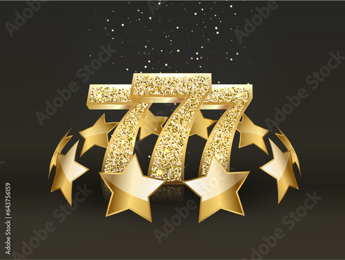 Three golden glittering sevens on black background. Luxury casino banner Big win slots 777 . Vector illustration