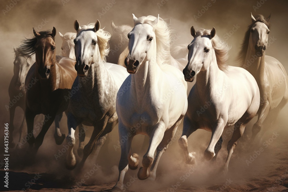 a depiction of seven horses running at full speed. Generative AI