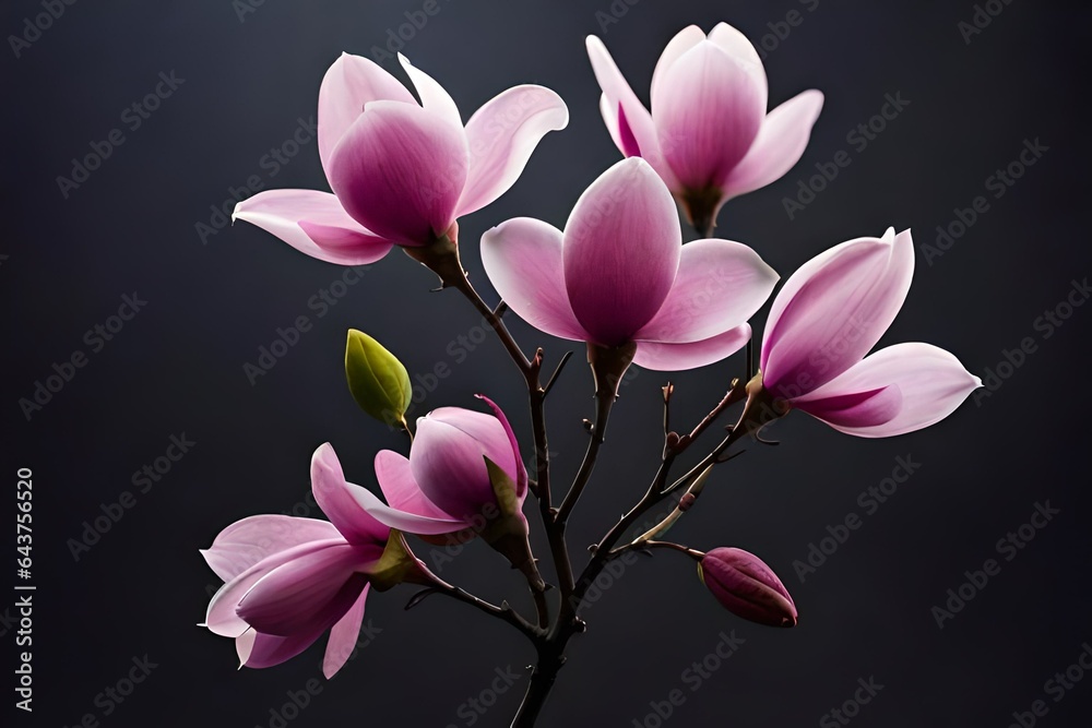 Fototapeta premium Pink spring magnolia flowers on a single branch with black background