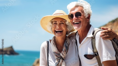 Vacation grandparents Snapshot of aged cheerful couple husband wife embrace enjoy vacation