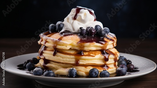 A griddle loaded with fluffy blueberry pancakes, a dollop of whipped cream, and a drizzle of syrup. 