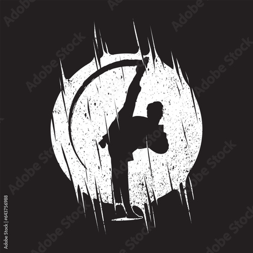 silhouette of martial arts athlete posing circle brushstroke decoration